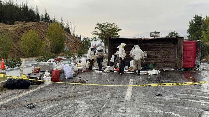 Bal ve arı kovanı yüklü kamyonet devrildi; 3 yaralı