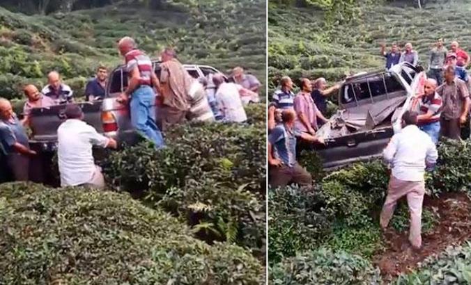 Çay tarlasına devrilen kamyonete 'Rize işi' kurtarma