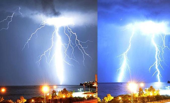 Giresun'da denize yıldırım düşme anı