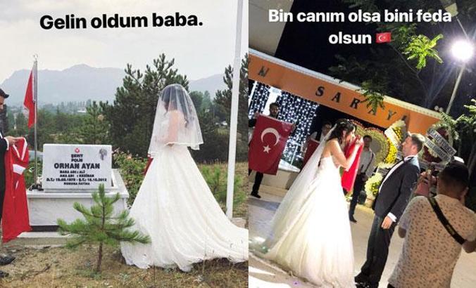 Düğün öncesi gelinliğiyle şehit babasının mezarında dua etti