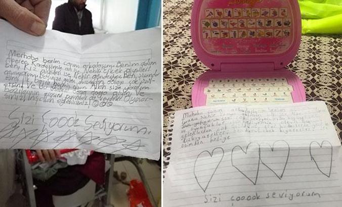 Depremzedelere giden yardımlardan çıkan çocuk notları ağlattı