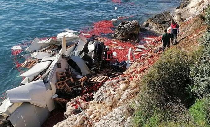 Silifke'de domates yüklü TIR denize uçtu