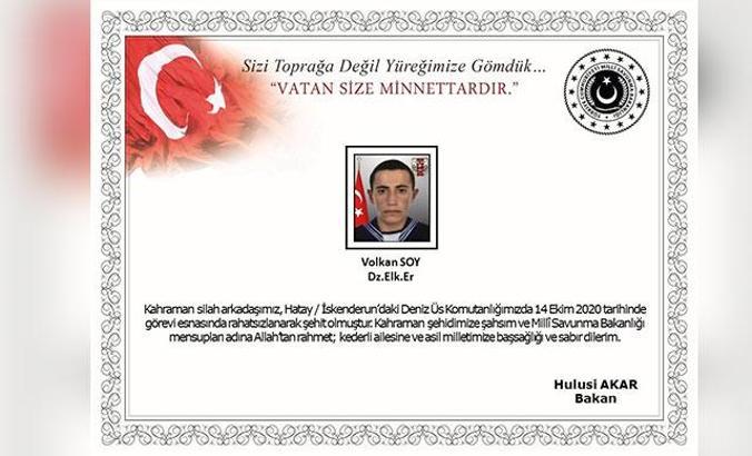 Hatay'da, görev sırasında rahatsızlanan asker şehit oldu