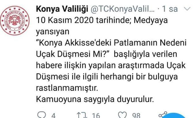 Konya Valiliği: Uçak düşmesi ile ilgili bulguya rastlanılmamıştır