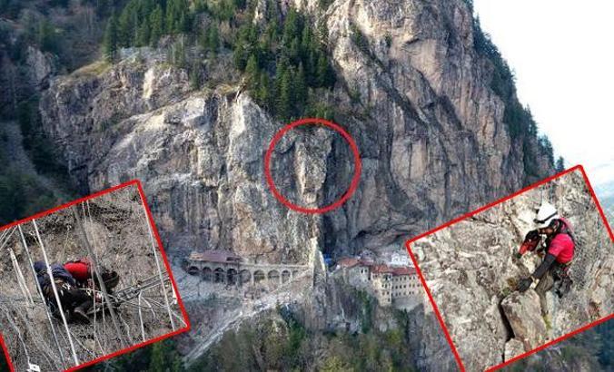 Sümela Manastırı'nı tehdit eden 360 tonluk kaya, çelik kazıklarla sabitlenecek