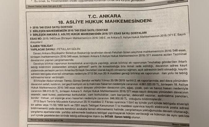 FETÖ elebaşı Gülen'e gazete ilanıyla 6 milyon liraya yakın tebligat
