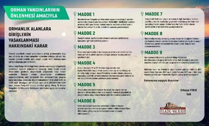 Elazığ'da ormanlık alanlara giriş yasaklandı