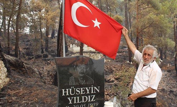 Yangında şehit mezarına zarar gelmedi