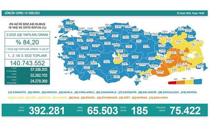 Koronavirüs salgınında günlük vaka sayısı 65 bin 503 oldu