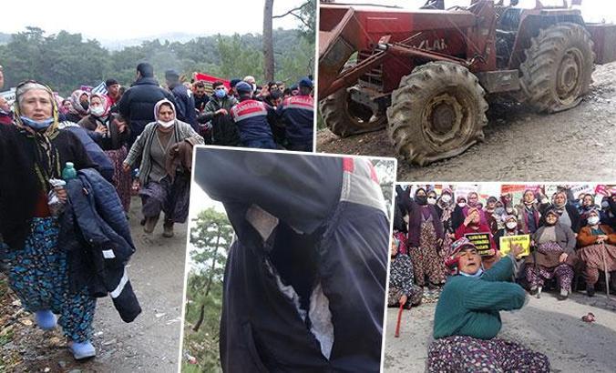 Altın madeni istemeyen köylüler, jandarma barikatını aşıp, iş makinesinin lastiğini kesti