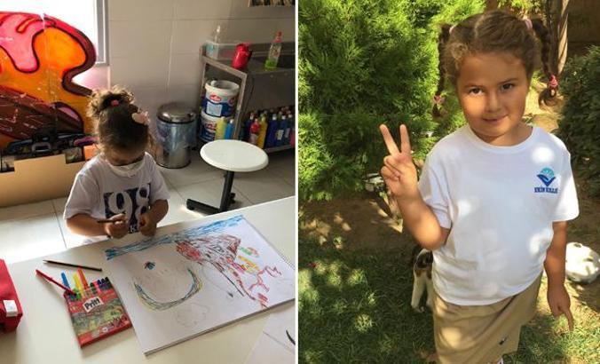 İlkokul heyecanı yaşayan Öykü Arin, açık havada derse katılıyor