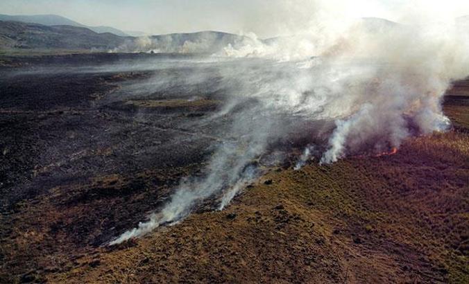 Karamık Gölü'nün kuruyan bölgesinde çıkan yangında bin dekarlık alan kül oldu