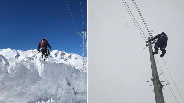 1 metre karda yürüyerek bölgeye ulaşıp arızaları giderdiler
