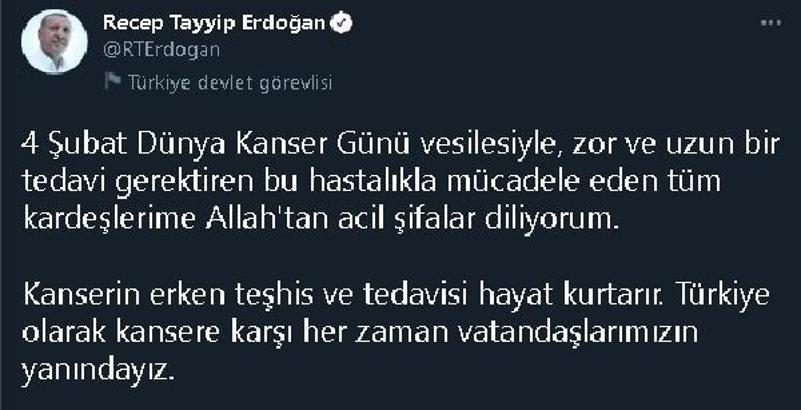 Cumhurbaşkanı Erdoğan'dan 'kanserle mücadele' mesajı