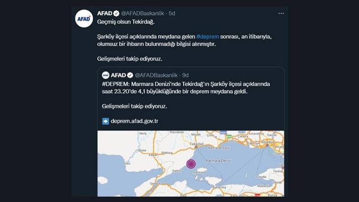 Şarköy açıklarında 4.1 büyüklüğünde deprem