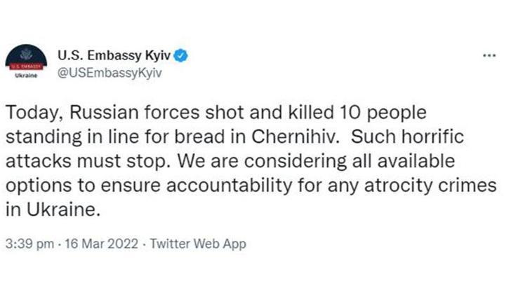 ABD Kiev Büyükelçiliği: Rus birlikleri, ekmek kuyruğundaki 10 kişiyi öldürdü