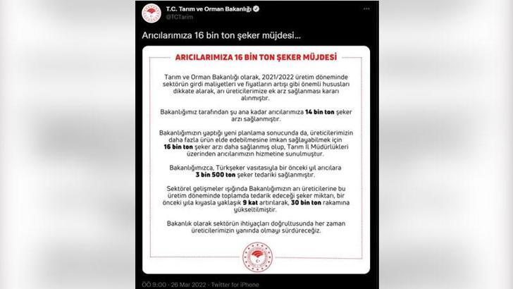 Arıcılara 16 bin ton ilave şeker desteği