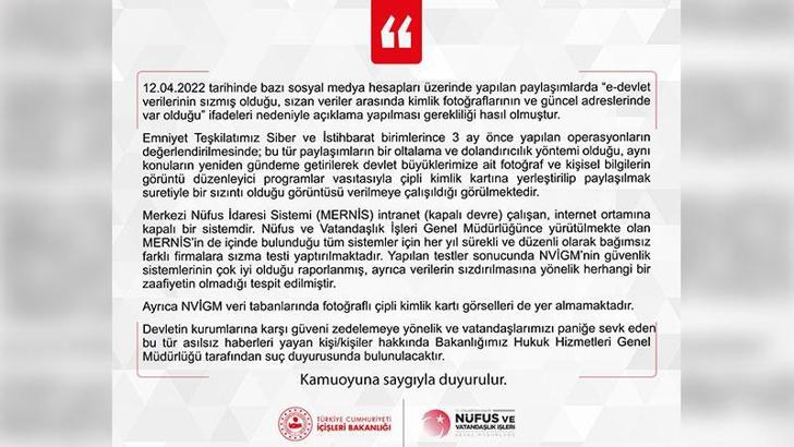 Nüfus ve Vatandaşlık İşleri'nden 'e-Devlet verileri sızdırıldı' iddiasına yalanlama
