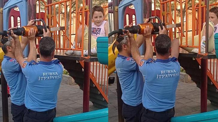 Kaydırakta bacağı demirlere sıkışan çocuğu itfaiye kurtardı