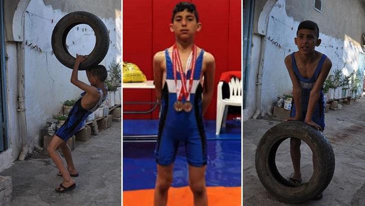 Otomobil lastiği ile antrenman yapan Mustafa, güreşte Türkiye üçüncüsü oldu