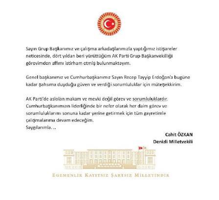 AK Parti Grup Başkanvekili Özkan, görevden affını istedi