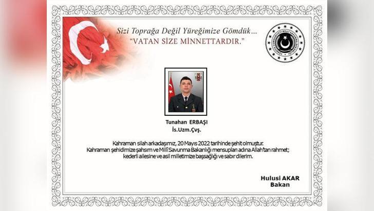 MSB: Irak Kuzeyi Metina bölgesinde Uzman Çavuş Tunahan Erbaşı şehit oldu