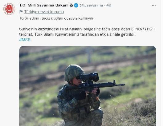 MSB: PKK/YPG'li 3 terörist etkisiz hale getirildi
