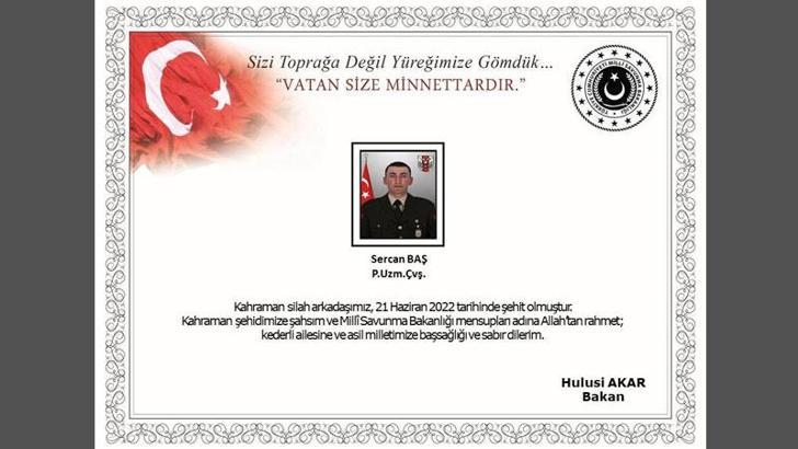 MSB: Pençe-Kilit bölgesinde uzman çavuş şehit oldu