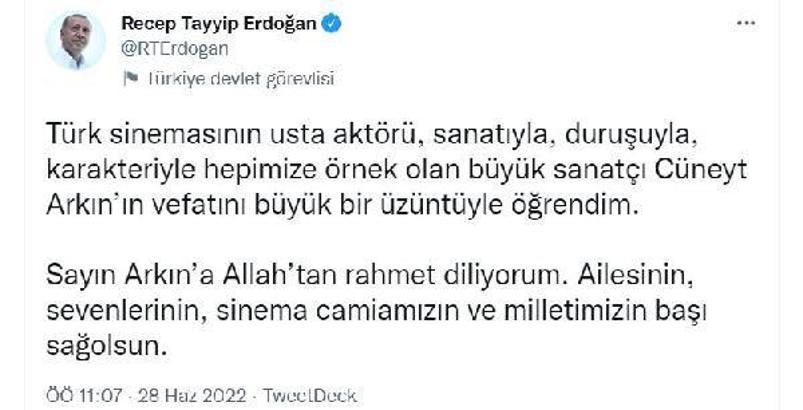 Cumhurbaşkanı Erdoğan'dan Cüneyt Arkın için taziye mesajı