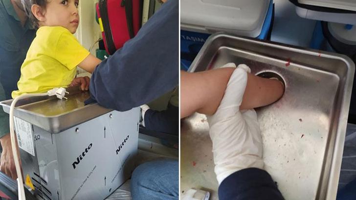 4 yaşındaki Tuğra, elini kaptırdığı kıyma makinesiyle hastaneye götürüldü