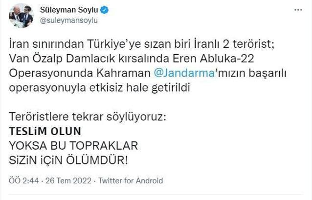 Soylu: İran sınırından Türkiye'ye sızan biri İranlı 2 terörist etkisiz hale getirildi