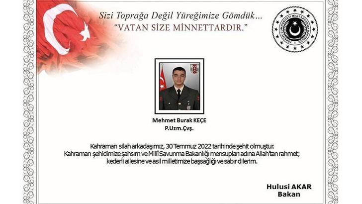 MSB: Pençe-Kilit Harekatı bölgesinde 1 asker şehit oldu