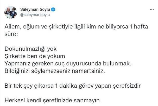 Bakan Soylu: Ailem, oğlum ve şirketiyle ilgili kim ne biliyorsa 1 hafta süre