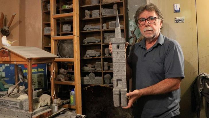 Emekli öğretmen bazalt taşından objeler yapıyor