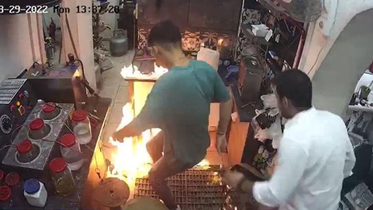 Lavaboya dökülen aseton parlayınca yangın çıktı; o anlar kamerada