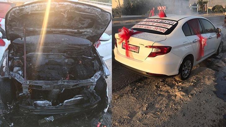 Gelin ve damat indikten sonra otomobil yandı