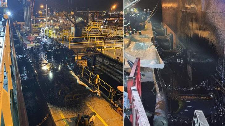 Gemiye asfalt yüklemesinde hortum koptu, denizde kirlilik oluştu