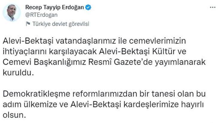 Cumhurbaşkanı Erdoğan: Alevi- Bektaşi Kültür ve Cemevi Başkanlığı ülkemize hayırlı olsun
