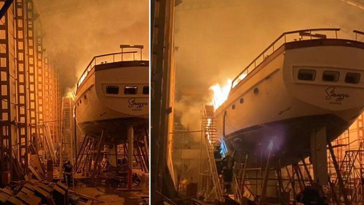 Bodrum'da tersanedeki ahşap tekne alev alev yandı