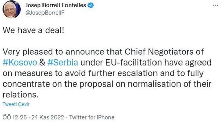 Sırbistan-Kosova arasında yaşanan krizde anlaşmaya varıldı