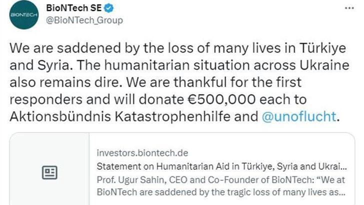 BioNTech’ten 2 kuruluşa toplam 1 milyon euro deprem yardımı