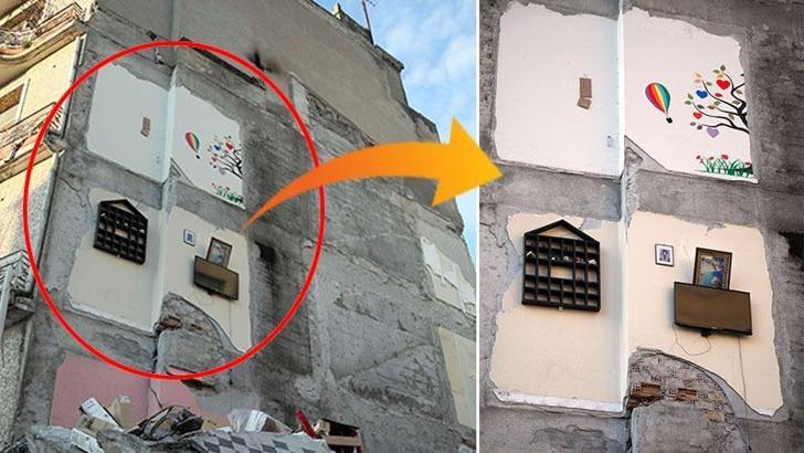 Hatay'dan şaşkına çeviren görüntü; binanın dış duvarı, komşu binanın iç duvarı