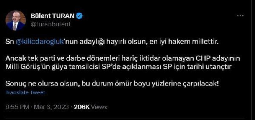 AK Parti'li Turan: Kılıçdaroğlu'nun adaylığı hayırlı olsun, en iyi hakem millettir