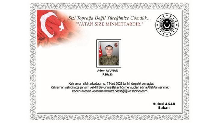 MSB: Silah kazası sonucu 1 asker şehit oldu