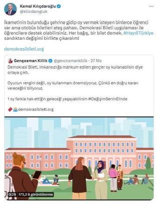 Kılıçdaroğlu'ndan 'Demokrasi Bileti' uygulamasına destek çağrısı