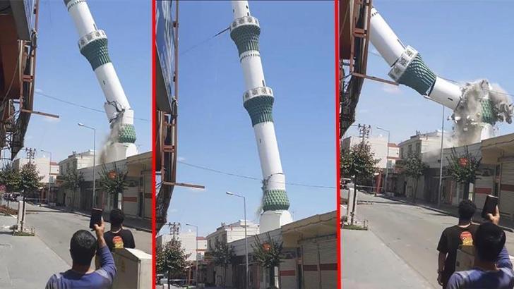 Depremde hasar gören minare kontrollü olarak yıkıldı