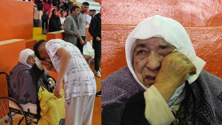 Torununun boks maçını izlemek için tekerlekli sandalye ile salona geldi