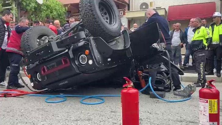 Ters dönen off-road aracında sıkışan sürücüyü itfaiye kurtardı