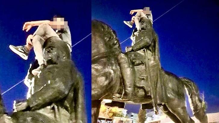 Atatürk büstüne çıkıp, ayak ayak üstüne atarak poz veren Suriyeli çocuk, tepkiye neden oldu