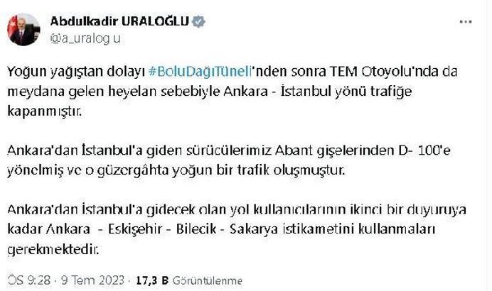 TEM Otoyolu'nda heyelan sebebiyle Ankara-İstanbul yönü trafiğe kapandı